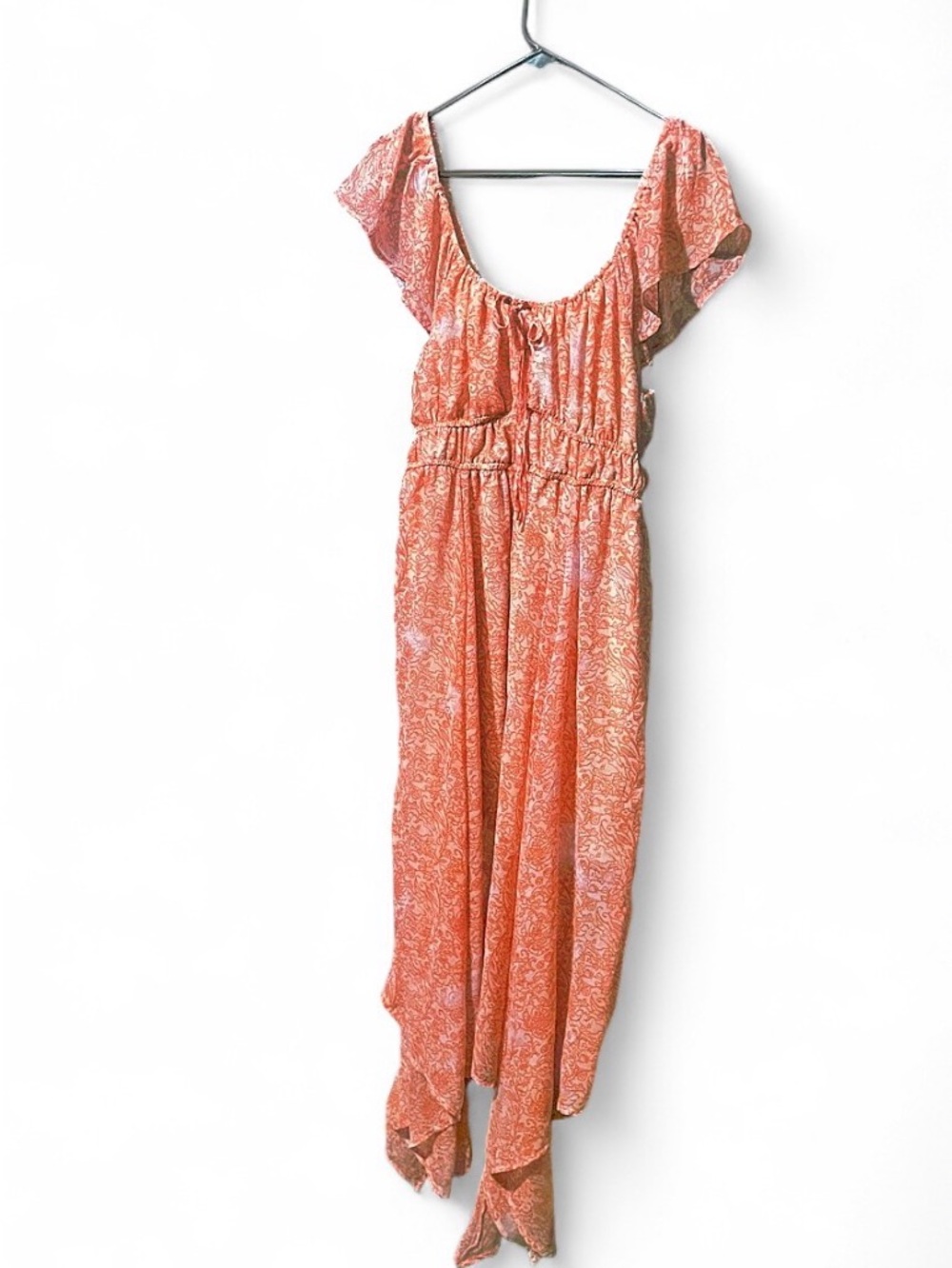 Dizzy Lizzy Coral Orange Paisley Handkerchief Hem Cottagecore Boho Midi Dress XL - Picture 14 of 16